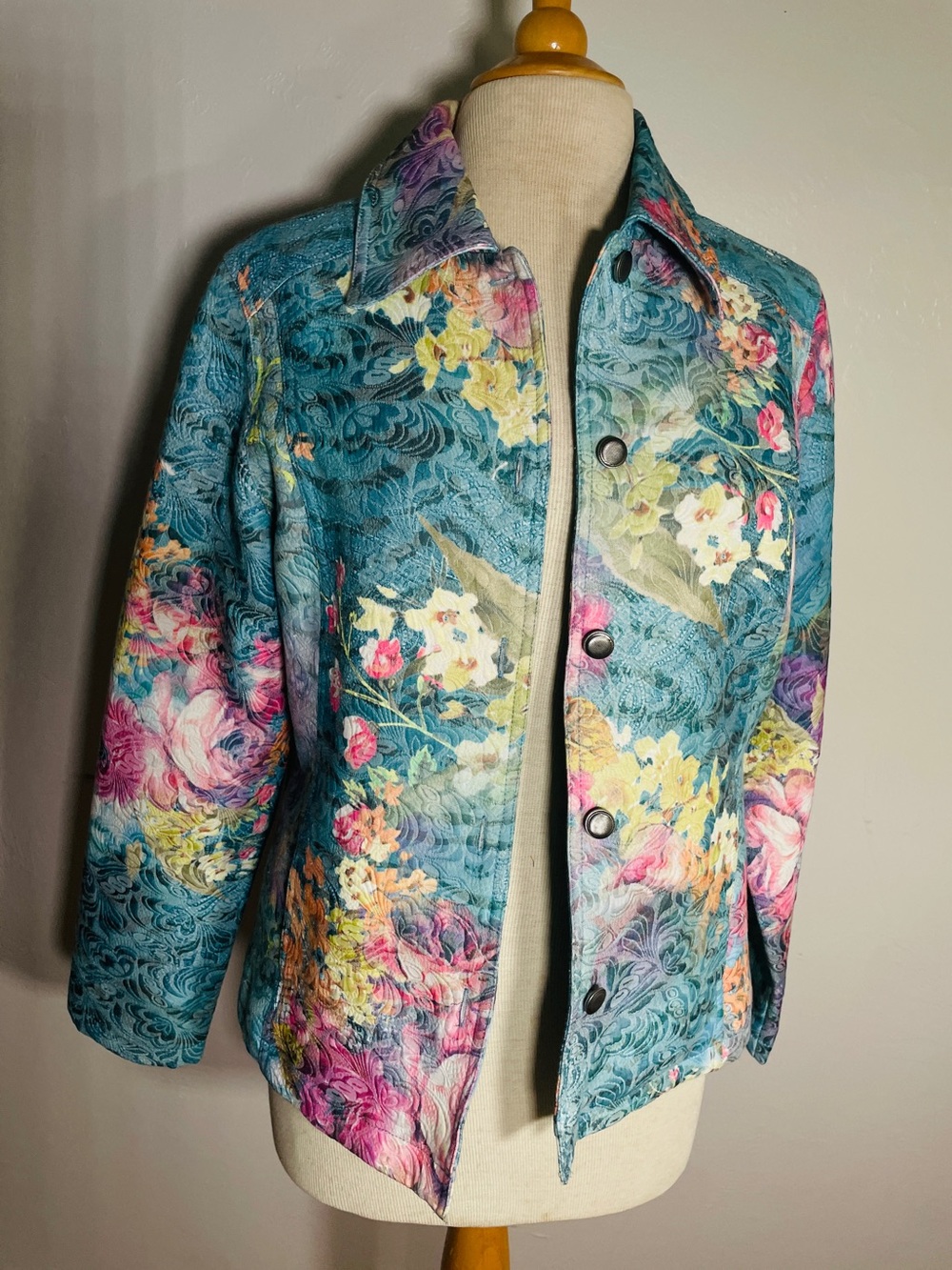 Kaktus Women’s Quilted Floral Jacket Teal Pink Snap Front Size Large